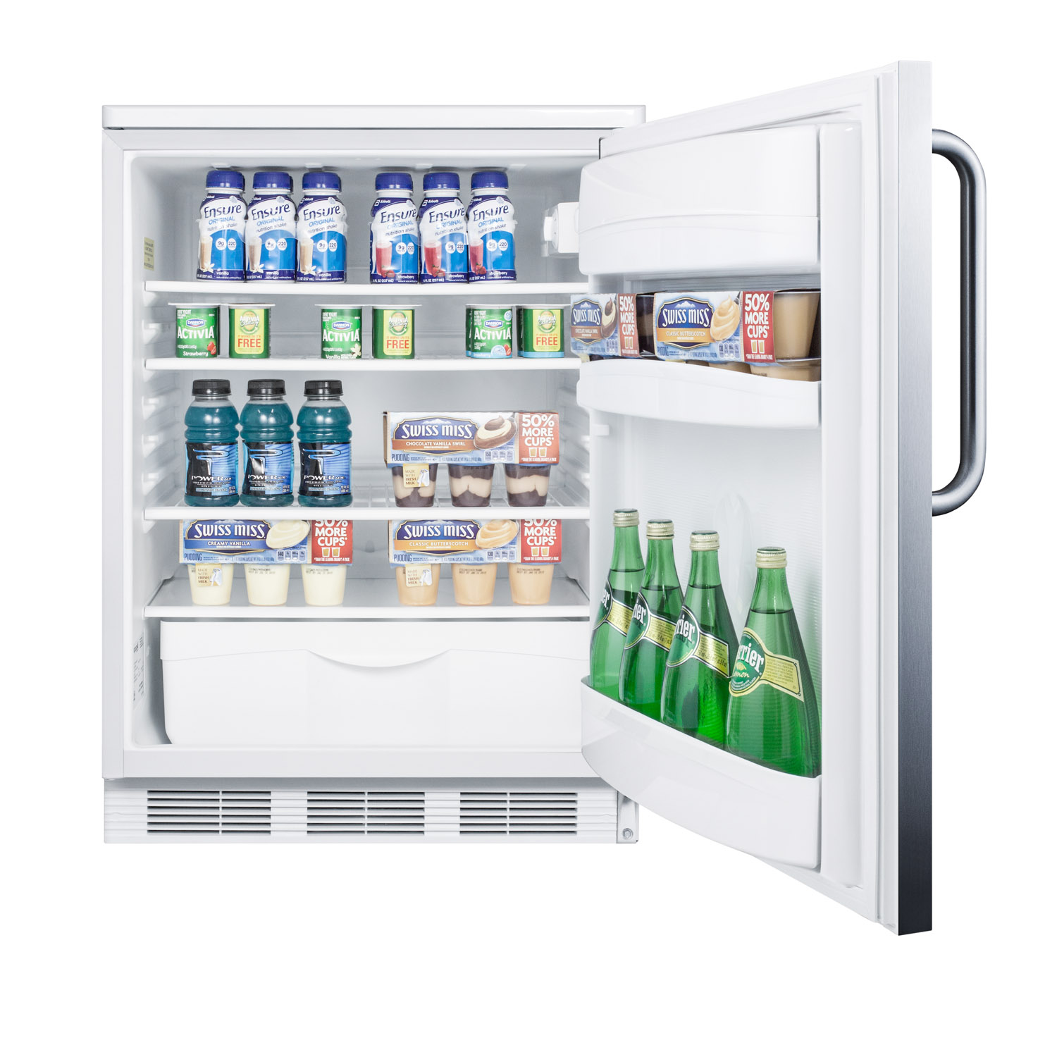 Commercially listed built-in undercounter all-refrigerator for general purpose use, auto defrost w/lock, SS wrapped door, towel bar handle, and white cabinet